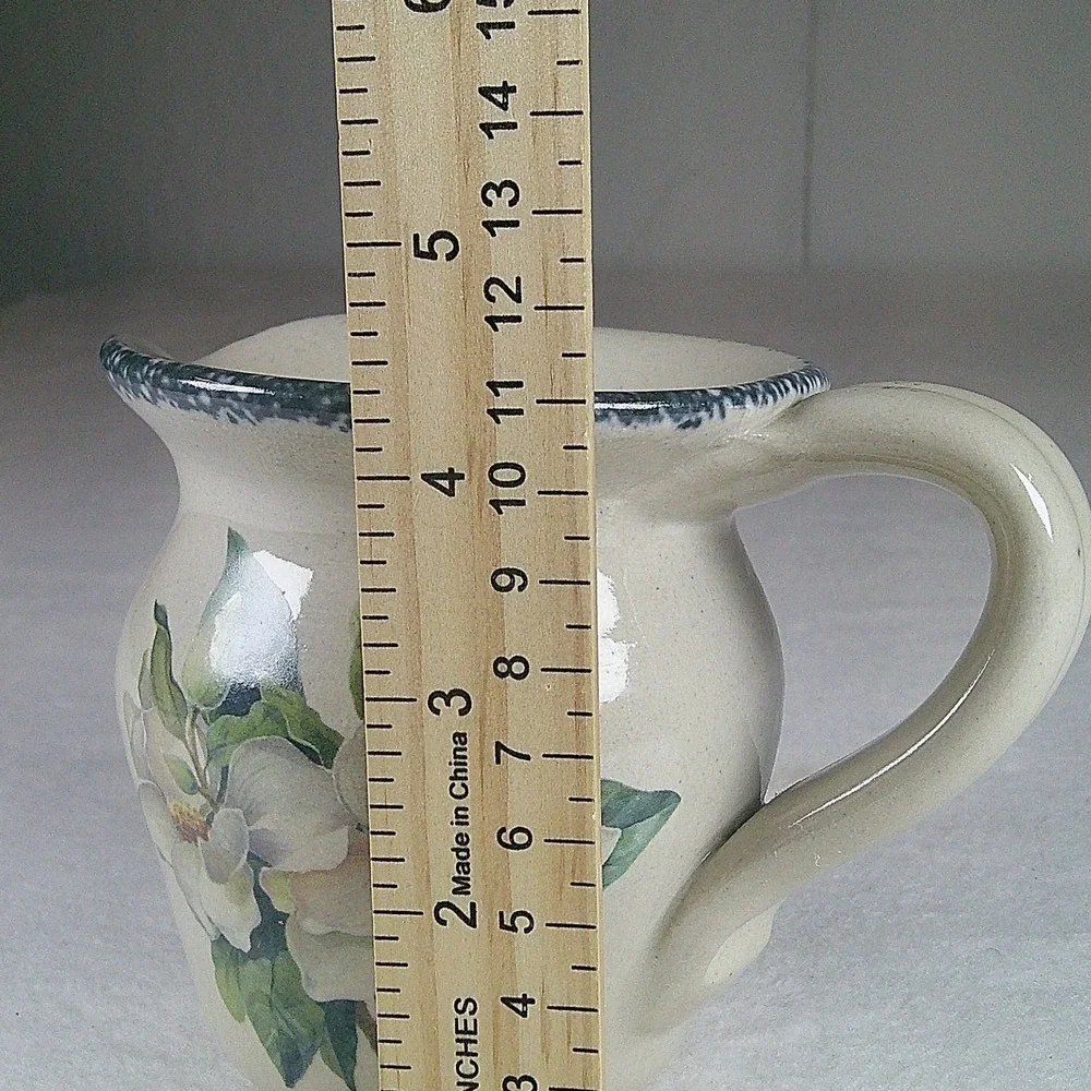 Home‎ & Garden Party Magnolia Stoneware Pitcher Blue Sponge Rim 1999 USA Made